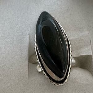 💕 Handmade Silver plated Black Onyx Long Oval Statement Ring adjustable